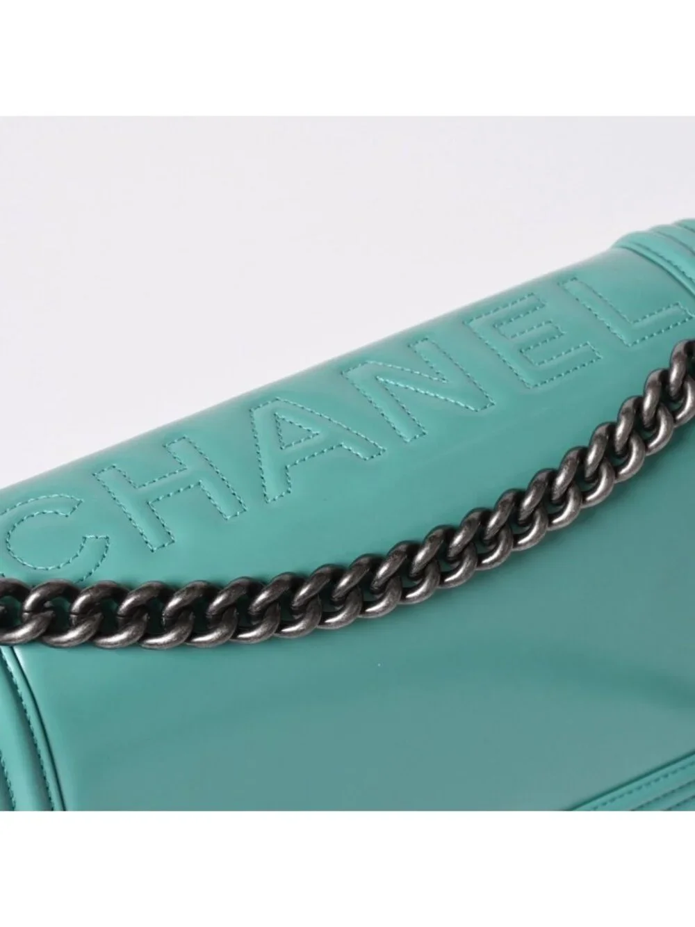Chanel Boy Large Chain Shoulder Bag CC Logo Calfskin Turquoise